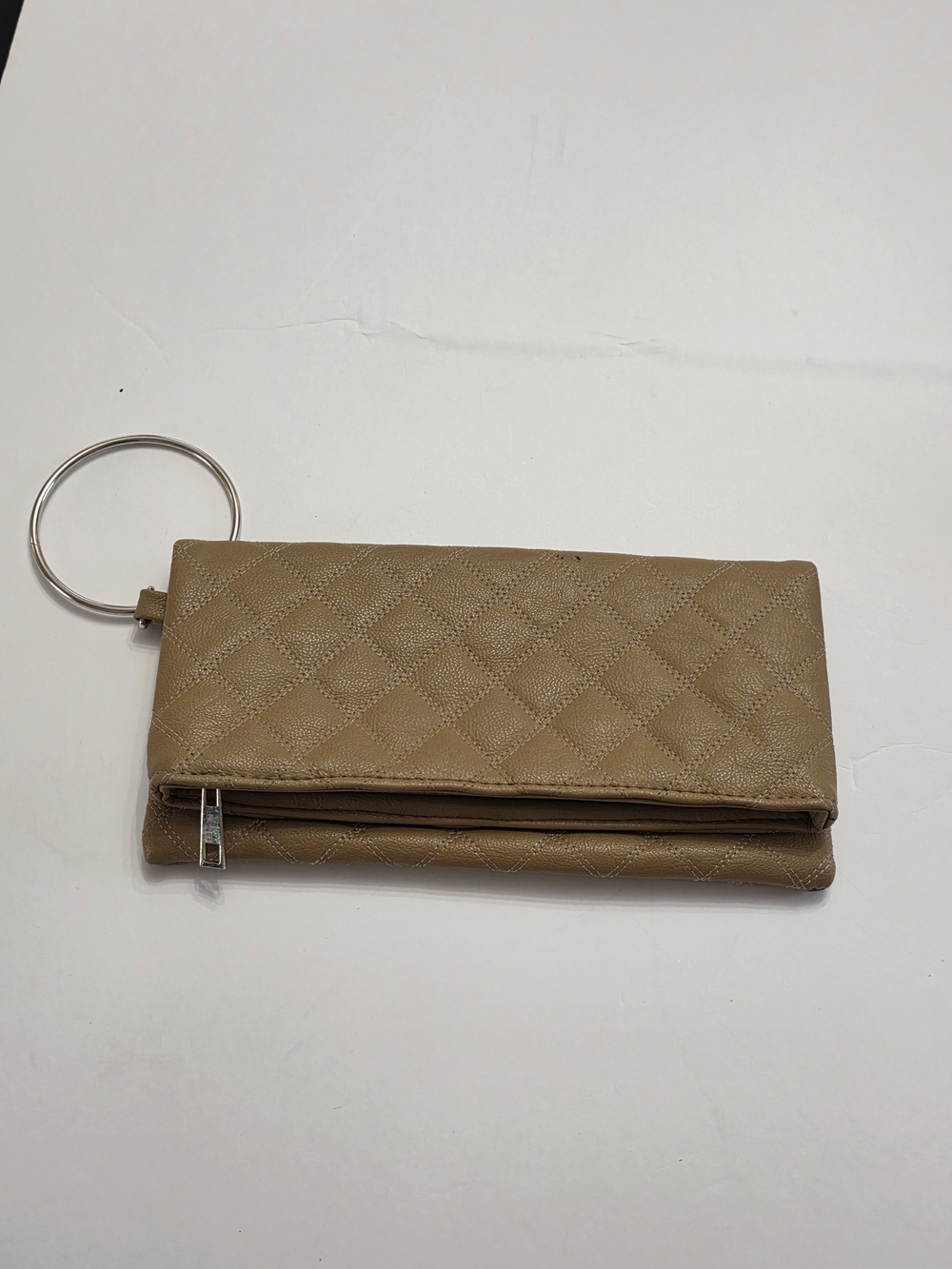 Quilted Tan Wristlet Clutch with Silver Ring